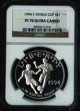 Load image into Gallery viewer, 1994 S World Cup Soccer Commemorative Silver Coin $1 NGC PF 70 PF70 ULTRA CAMEO