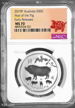 Load image into Gallery viewer, 2-Coin-Set 2019 Lunar Year of the PIG 2x 1/2oz Silver NGC PF70+MS70 Proof+BU ER