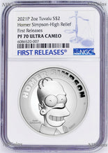 Load image into Gallery viewer, 2021 HIGH RELIEF Simpsons Homer Simpson Proof $2 2oz Silver COIN NGC PF70 FR