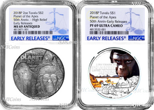 Load image into Gallery viewer, 2-Coin-Set 2018 Planet of the Apes SILVER $2 & $1 1oz 2oz NGC MS PF 69 ANTIQUED