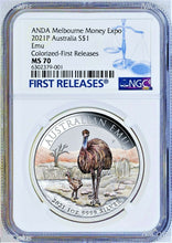 Load image into Gallery viewer, 2021 ANDA Melbourne Money Expo Show 1oz Silver Color Coin EMU NGC MS70 FR