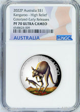 Load image into Gallery viewer, 2022 Colored HIGH RELIEF 1oz Silver Kangaroo $1 Coin NGC PF70 ER Flag Label
