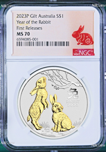 Load image into Gallery viewer, 2023 Australia GILDED Silver Lunar Year of the RABBIT NGC MS 70 1oz Coin FR GILT