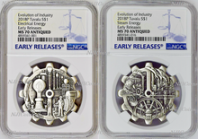 Load image into Gallery viewer, 2018 Evolution of Industry ANTIQUED Gear-Shaped 1oz Silver 2-COIN-SET NGC MS70 E