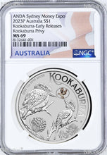 Load image into Gallery viewer, 2023 Kookaburra 1oz Silver Coin Kookaburra Privy Sydney M. Expo MS69 ANDA ER
