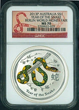 Load image into Gallery viewer, 2013 P Australia Silver Lunar year SNAKE GREEN Berlin Fair NGC MS 70 1 oz Coin R