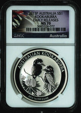 Load image into Gallery viewer, 2013 P AUSTRALIA S$1 KOOKABURRA EARLY RELEASES 1 oz Bullion Silver Coin NGC MS70
