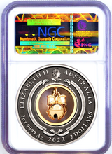 Load image into Gallery viewer, 2022 Christmas JINGLE BELL 2oz Silver Antiqued Gilt Coin NGC MS 70 FR