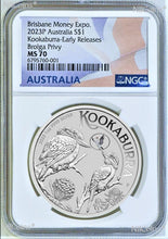 Load image into Gallery viewer, 2023 Kookaburra 1oz Silver Coin Brolga Privy Brisbane M. Expo MS70 ANDA ER