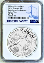 Load image into Gallery viewer, 2023 Kookaburra 1oz Silver Coin Brolga Privy Brisbane Money Expo MS70 ANDA FR