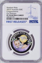 Load image into Gallery viewer, 2021 P Australia PROOF COLORIZED Silver Newborn Baby NGC PF70 1/2oz 50c Coin