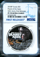 Load image into Gallery viewer, 2018 Planet of the Apes 50th Anniversary SILVER PROOF $1 1oz COIN NGC PF70 UC FR