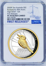 Load image into Gallery viewer, 2020 Australia GILT HIGH RELIEF 2oz Silver Kookaburra 30 Ann $2 Coin NGC PF70 FR