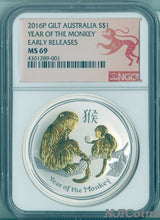 Load image into Gallery viewer, 2016 P Australia GILDED Silver Lunar Year of the Monkey NGC MS 69 1 oz Coin ER