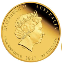 Load image into Gallery viewer, 2017 P Australia PROOF GOLD $25 Lunar Year ROOSTER NGC PF70 1/4 oz $25 Coin ER