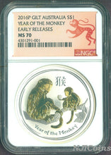 Load image into Gallery viewer, 2016 Australia GILDED Silver Lunar Year of the Monkey NGC MS 70 1oz Coin ER GILT