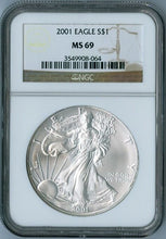 Load image into Gallery viewer, 2001 AMERICAN EAGLE 1 oz SILVER Coin NGC MS69 MS 69 BROWN GOLD LABEL