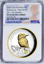 Load image into Gallery viewer, 2021 Australia GILT HIGH RELIEF 2oz Silver Kookaburra $2 Coin NGC PF69 FR