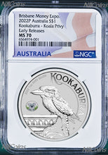 Load image into Gallery viewer, 2022 Kookaburra 1oz Silver Coin Koala Privy Brisbane Money Expo NGC MS70 ANDA ER