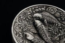 Load image into Gallery viewer, Koi Fish 2023 2 Kilo 9999 Pure Silver Antiqued High Relief $60 Coin 200-mintage