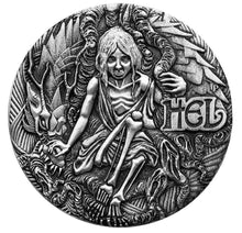 Load image into Gallery viewer, 2017 Norse Goddesses HEL 2oz Silver Antiqued High Relief Coin Antique