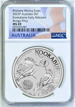 Load image into Gallery viewer, 2023 Kookaburra 1oz Silver Coin Brolga Privy Brisbane M. Expo MS69 ANDA ER