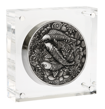 Load image into Gallery viewer, Koi Fish 2023 2 Kilo 9999 Pure Silver Antiqued High Relief $60 Coin 200-mintage
