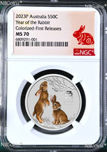 Load image into Gallery viewer, 2023 Australia Colored Silver Lunar Year of Rabbit NGC MS 70 1/2 oz Bullion Coin