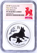 Load image into Gallery viewer, RARE NGC Grade PF 70 on Bullion 2018 Silver Lunar Year of the DOG 1 oz Coin ER