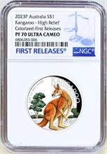 Load image into Gallery viewer, 2023 Colored HIGH RELIEF 1oz Silver Kangaroo $1 Coin NGC PF70 FR Blue Label