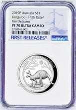 Load image into Gallery viewer, 2019 P Australia HIGH RELIEF 1oz Silver Kangaroo $1 Coin NGC PF70 FR Blu Label