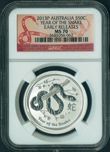 Load image into Gallery viewer, 2013 P AUSTRALIA Lunar YEAR of SNAKE 1/2 oz pure Silver Coin NGC MS70 red label