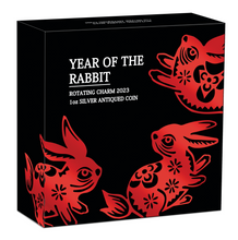 Load image into Gallery viewer, 2023 Year of the Rabbit 1oz SILVER $1 Lunar Rotating Charm ANTIQUED COIN