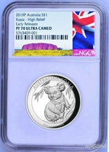 Load image into Gallery viewer, 2019 P Australia HIGH RELIEF 1oz Silver Koala $1 Coin NGC PF70 ER LABEL COA