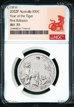 Load image into Gallery viewer, 2022 P Australia Silver Lunar Year of the TIGER NGC MS 70 1/2 oz Bullion Coin FR