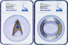 Load image into Gallery viewer, 2-coin-set 2019 Star Trek STARFLEET COMMAND EMBLEM Antiqued Silver $1$2 3oz MS70