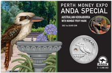 Load image into Gallery viewer, 2022 ANDA PERTH Expo Special Kookaburra 1oz $1 Silver Coin w/ Numbat PRIVY MARK