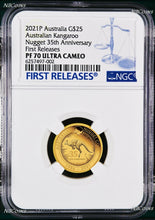 Load image into Gallery viewer, 2021 Australian 35th Ann. Kangaroo Nugget $25 NGC PF70 .9999 1/4oz GOLD Coin