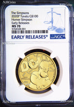 Load image into Gallery viewer, 2020 Homer Simpson $100 1oz .9999 GOLD BULLION COIN NGC MS70 EARLY Releases