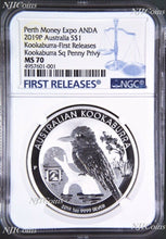 Load image into Gallery viewer, 2019 Kookaburra 1oz $1 Silver Coin Square Penny Privy Mark NGC MS70 ANDA FR