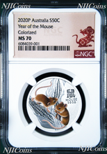 Load image into Gallery viewer, 2020 Australia Colored Silver Lunar Year of the MOUSE NGC MS 70 1/2oz 50c Coin