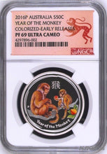 Load image into Gallery viewer, 2016 P Australia PROOF COLORIZED Silver Lunar Year of Monkey NGC PF69 1/2oz Coin