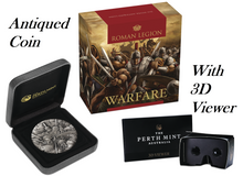 Load image into Gallery viewer, WARFARE – ROMAN LEGION 2018 2oz Silver Antique HIGH RELIEF RIMLESS Coin 3D VIEW