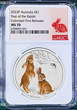 Load image into Gallery viewer, 2023 P Australia Colored Silver Lunar Year of the Rabbit NGC MS70 1oz $1 Coin
