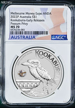 Load image into Gallery viewer, 2022 Kookaburra 1oz Silver $1 Coin Possum Privy Melbourne Expo NGC MS70 ANDA ER