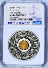 Load image into Gallery viewer, 2018 P Tuvalu Good Luck Rotating Charm ANTIQUED 1Oz Silver $1 COIN NGC MS70 FR