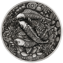 Load image into Gallery viewer, Koi Fish 2023 2 Kilo 9999 Pure Silver Antiqued High Relief $60 Coin 200-mintage
