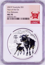 Load image into Gallery viewer, 2021 Australia .9999 Bullion Silver Lunar Year of the OX NGC MS70 1oz $1 Coin