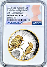 Load image into Gallery viewer, 2023 Australia GILT PROOF HIGH RELIEF 2oz Silver Kookaburra $2 Coin NGC PF69 ER