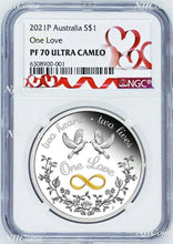 Load image into Gallery viewer, 2021 One Love 1oz .9999 Silver $1 Proof Coin NGC PF70 UC Tuvalu HEART LABEL